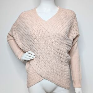 Pastel Pink Criss Cross Wrap Front Oversized Cable Knit Sweater Dolman Sleeve